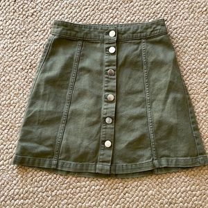 Olive green mini Jean skirt, size 0/2